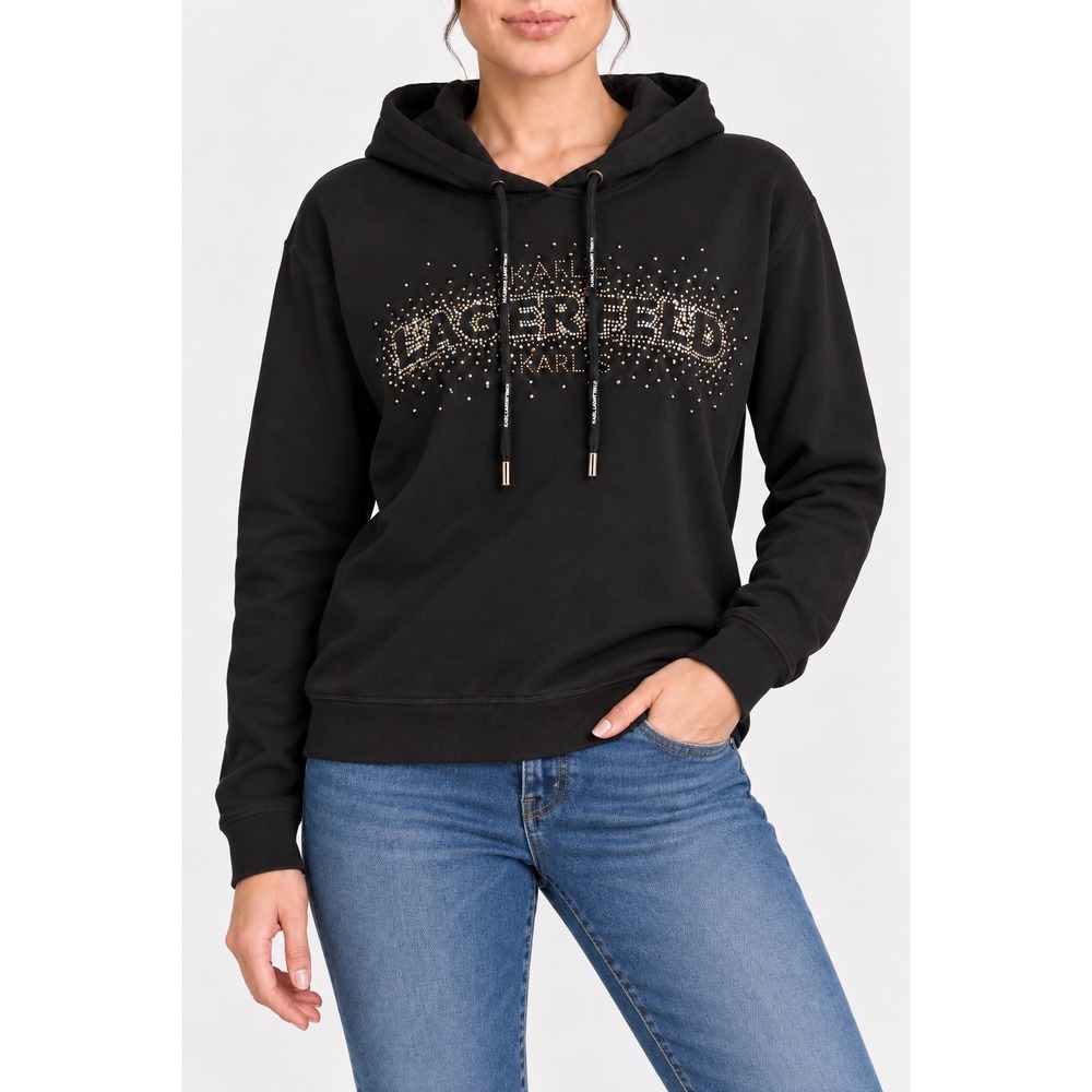 M 208 Karl Lagerfeld Paris Black Rhinestone Logo Cotton Blend Pullover Hoodie